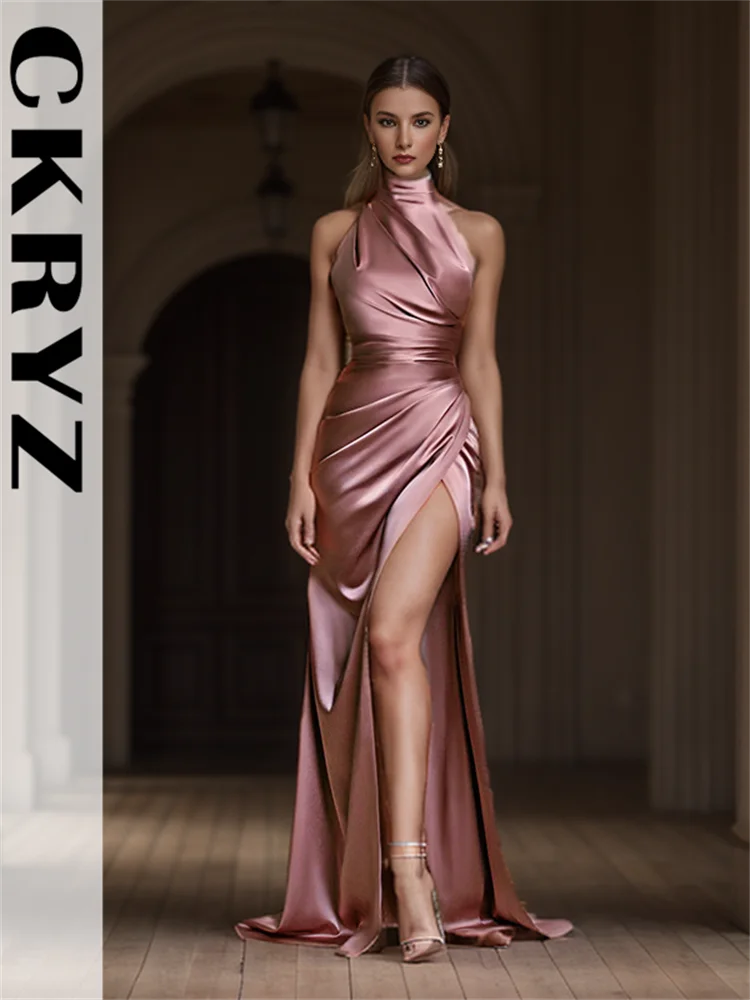 Ladies Satin New Evening Party Dresses Women Sleeveless Backless Halter Side Slit Sexy Elegant Maxi Dress Fashion Female Outfits
