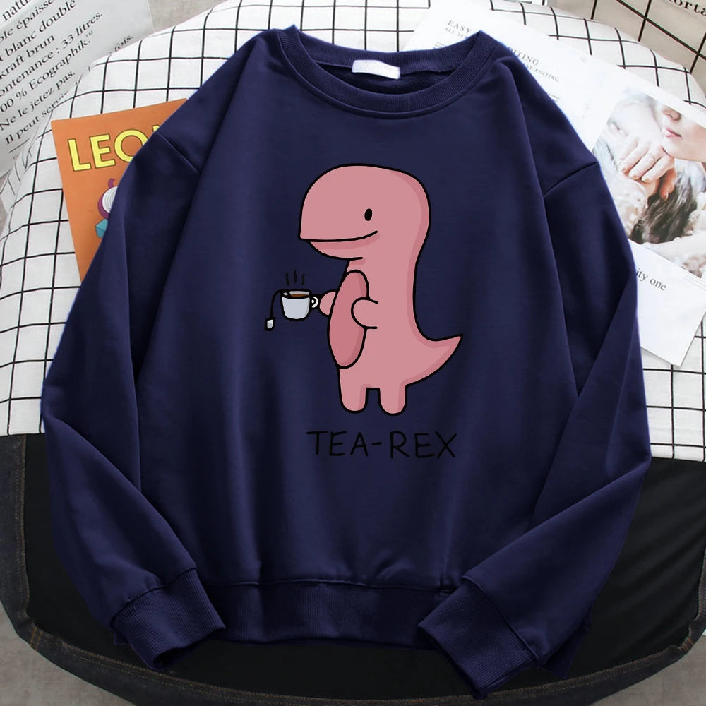 Autumn Funny Sweatshirts For Women Funny Dinosaur Drink Coffee Printing Hoodies Fleece Soft Pullovers Loose Warm Ladies Clothing Dark Blue