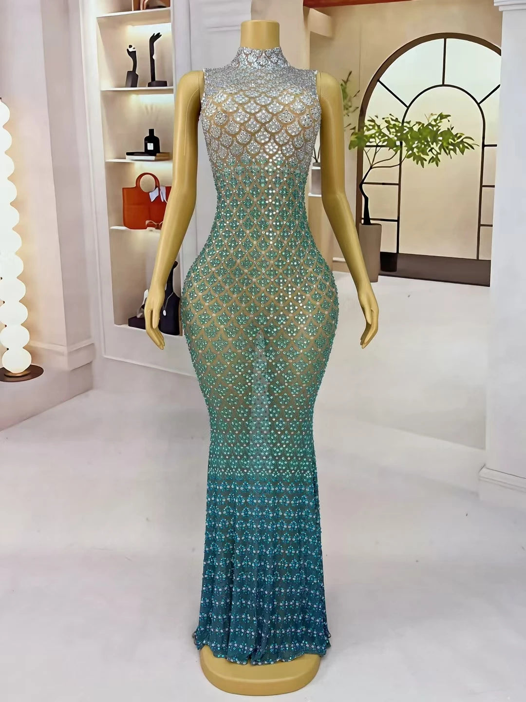 Trendy Gradient Sparkling Crystal  Sheer Mesh Long Dress Sexy High-end Skinny Evening Dress Birthday Night Party Outfit Qingshe