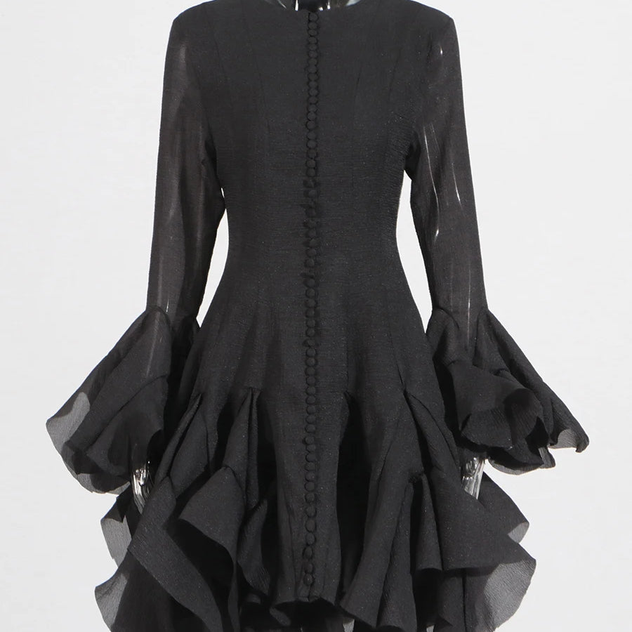 TWOTWINSTYLE Solid Spliced Button Slimming Dresses For Women O Neck Long Sleeve High Waist Patchwork Ruffles Female Fashion