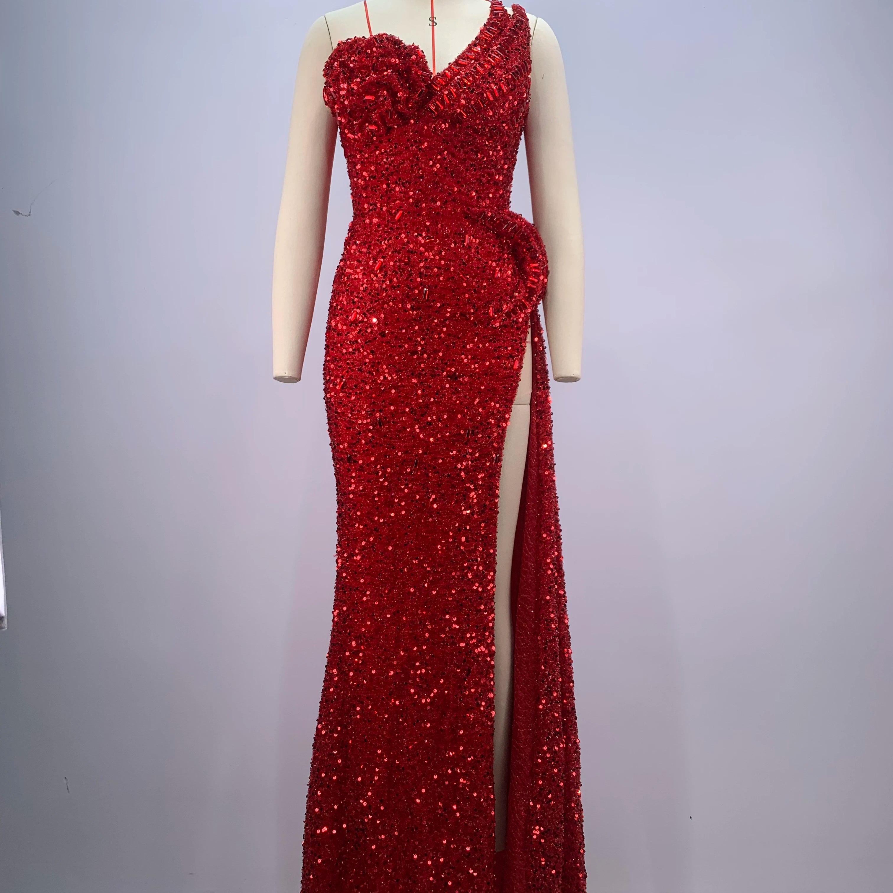 2024 New Arrival Red Color Women Sexy Strapless Shinning Sequins Floor-lenght Dress Wedding Party Celebrate Prom Dress Vestido