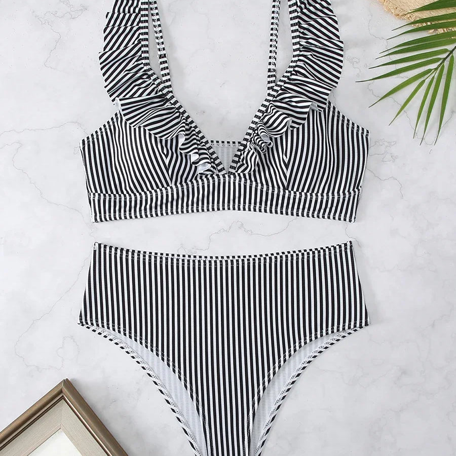 Sexy Striped Ruffle Bikini Swimsuit Women 2024 Two-piece Swimwear High Waisted Bikinis Sets Female Bathing Suit Push Up Monokini