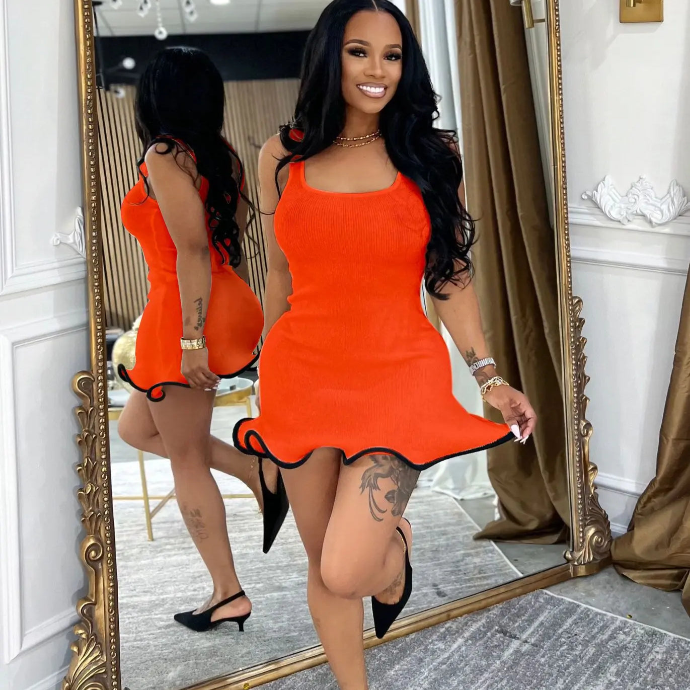 CM.YAYA Women Sleeveless O-neck Tank Mini Dress 2025 Summer Slim Sexy Sweet Club Party Evening High Street Ruffles Dresses ORANGE RED