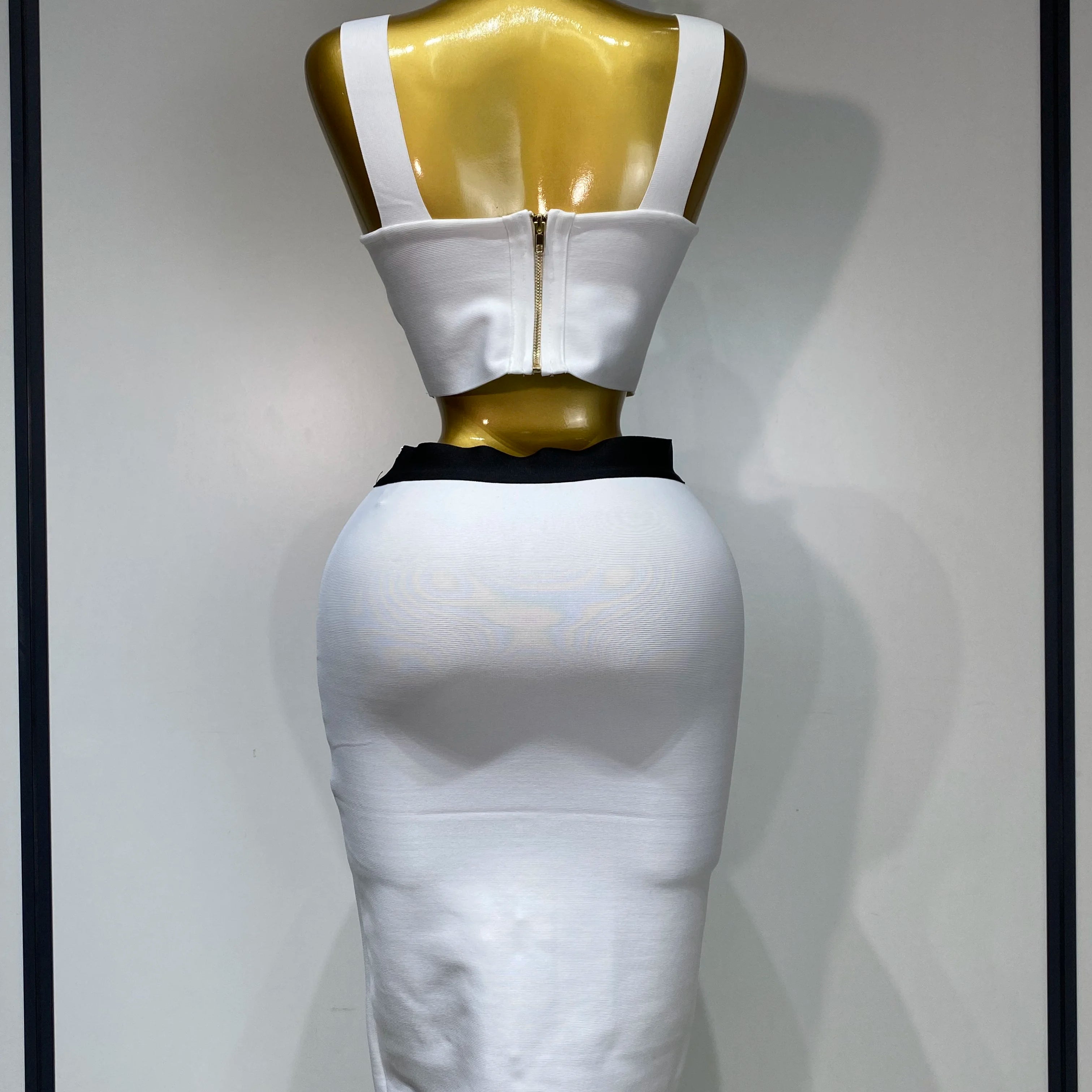 Women Button Patchwork White Black Bodycon Bandage Two Piece Set 2025 New Arrival Designer High Waist Party Club Skirt Set