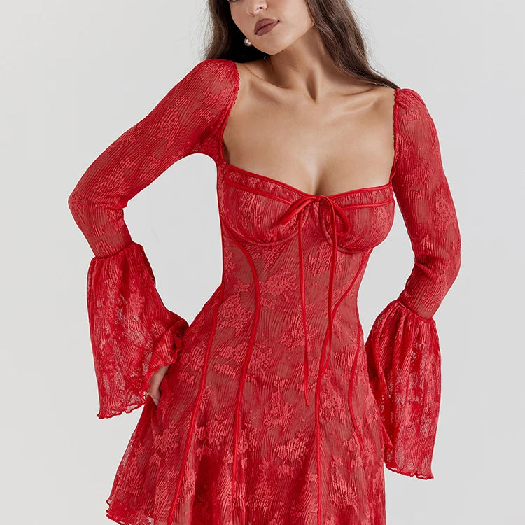 Elegant Backless Long Flare Sleeve Print Mini Dress Women Fashion square collar A-line Pleated Club Party Sexy Dress