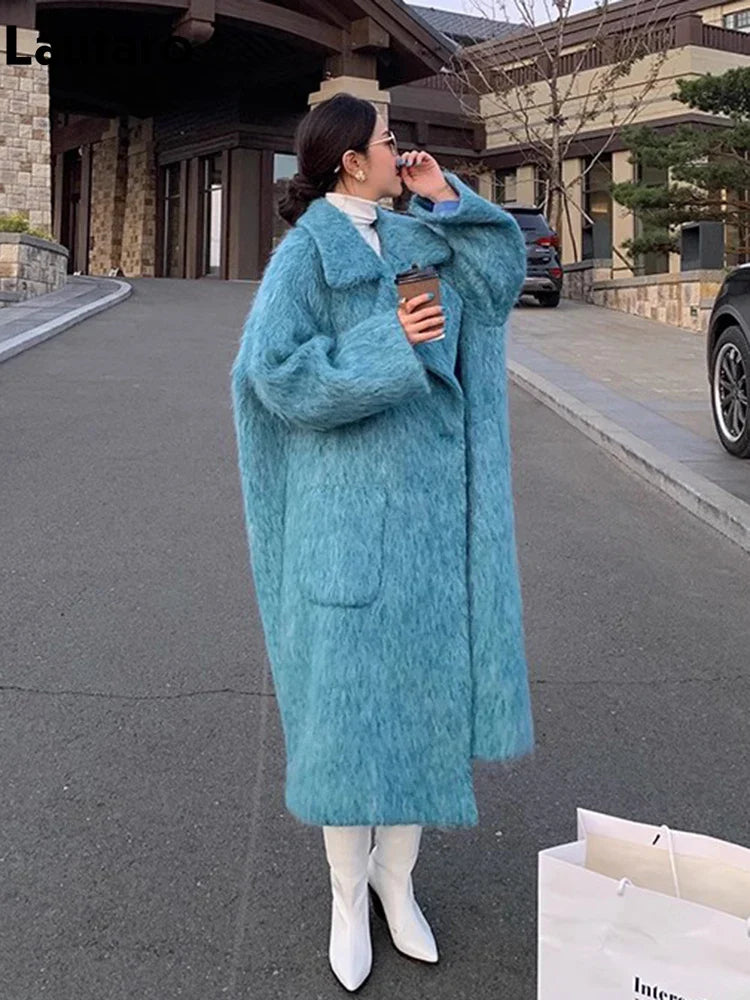 Winter Long Blue Fluffy Oversized Warm Wool & blends Coat for Women Single Button Pockets Luxury Clothes Woolen Overcoat blue One Size