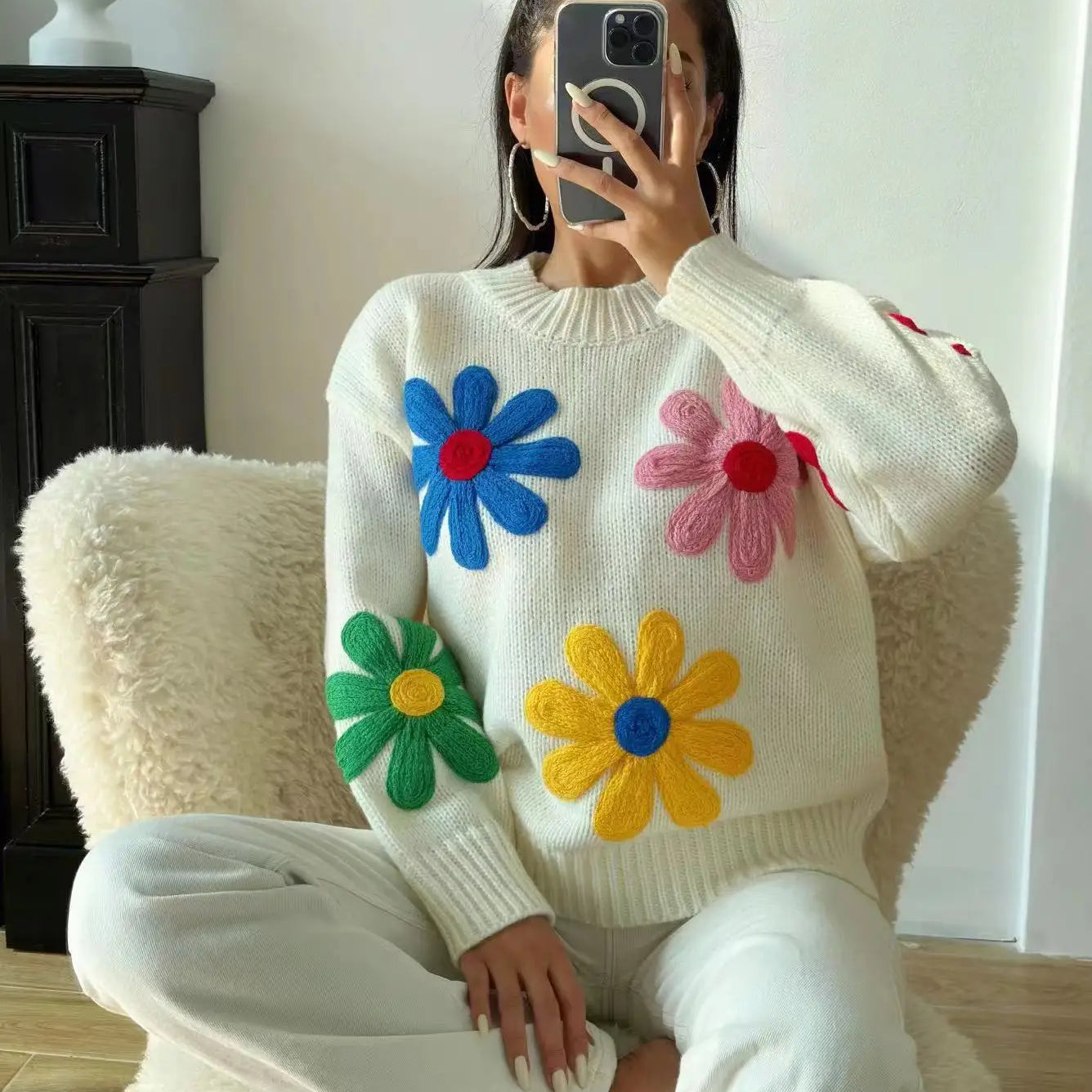 Vintage Flower Embroidery Sweater Women Loose Long Sleeve O-neck Knitted Pullover Autumn Female Thick Casual Streetwear as picture 3