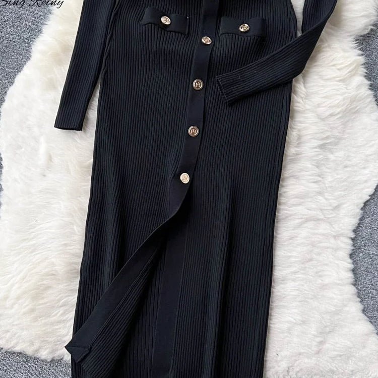 SINGREINY Winter Slim Design Knitted Dress V Neck Single Breasted A Line Split Midi Dress Long Sleeve Women Sweater Long Dress