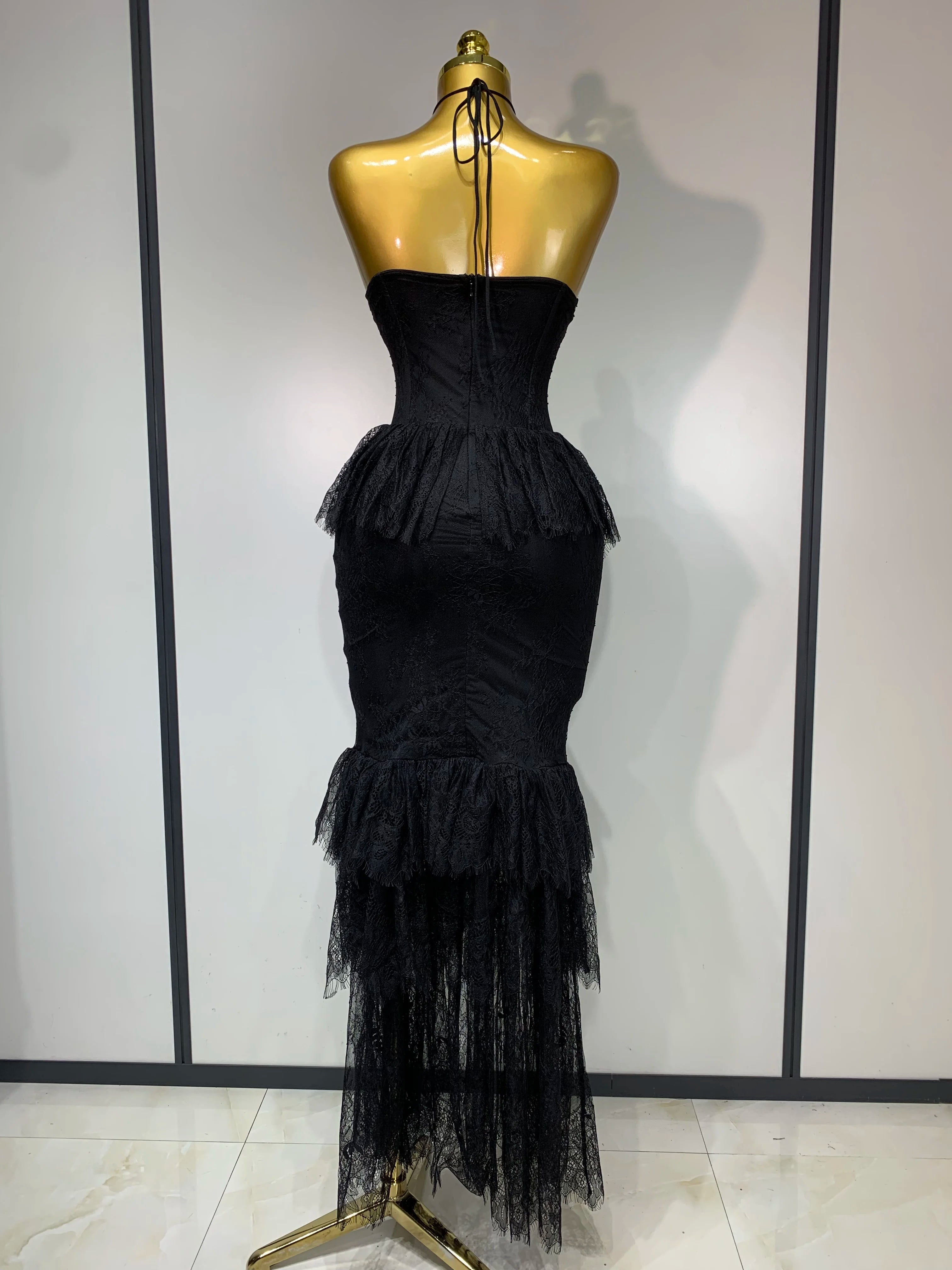 Luxury Sexy Lace Halter Flower Ruffles Long Dress Women Black Sleeveless Backless Bodycon Dresses Evening Party Birthday Dress