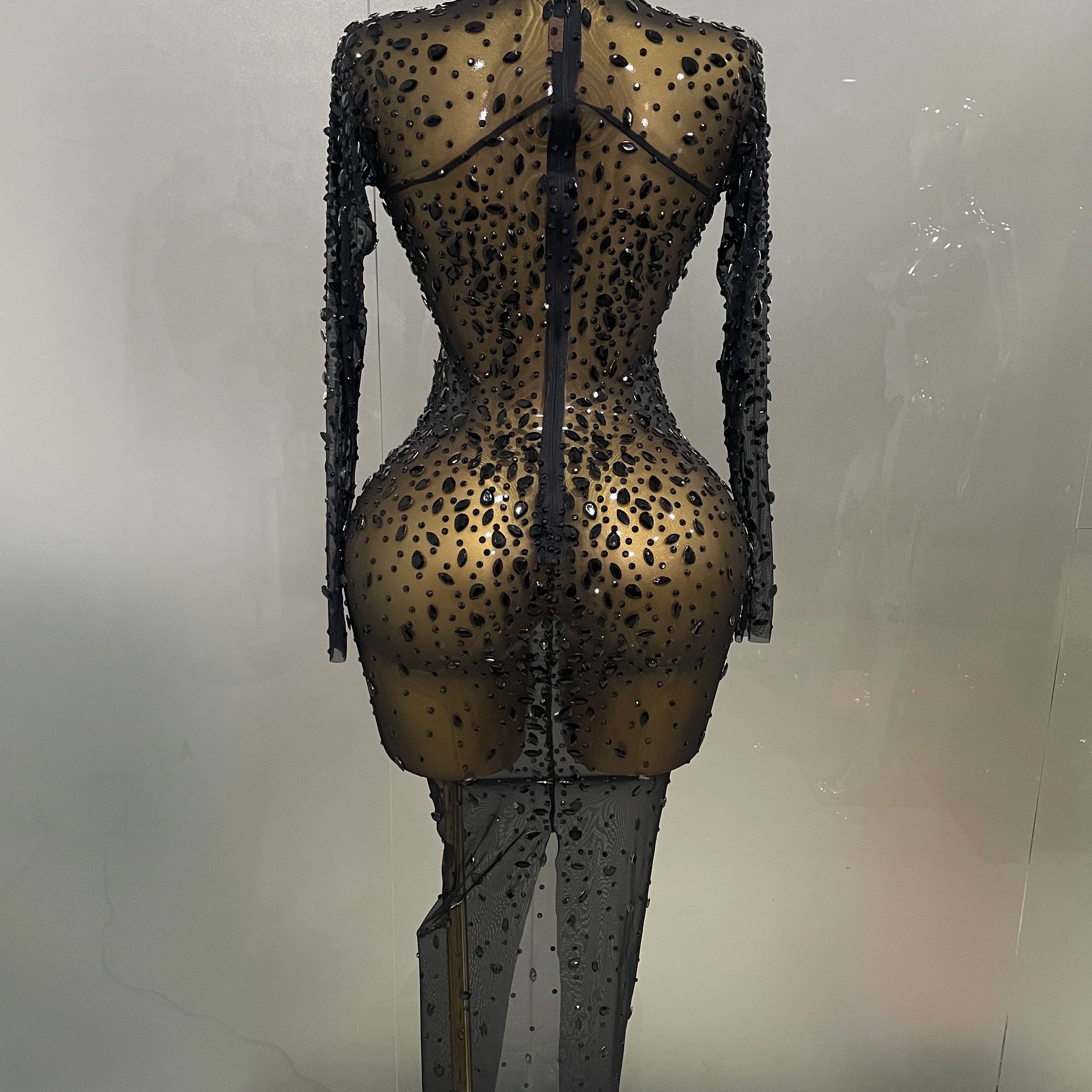 Sexy Shinny Rhinestone Stretch Mesh Transparent Long Dress 2025New Women Evening Birthday Party Prom Nightclub Singer Stage Wear