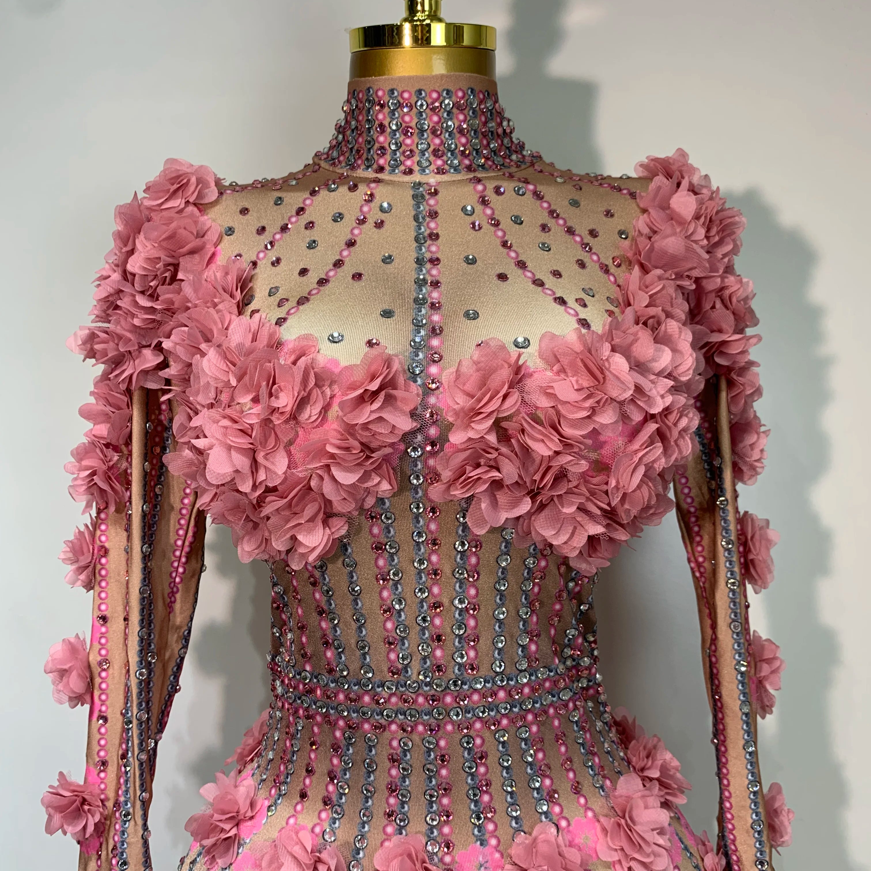 Sexy Skinny Rhinestones Flower Long Sleeve Bodycon Jumpsuit Women High Street Nightclub Birthday Performance Dance Stage Outfit