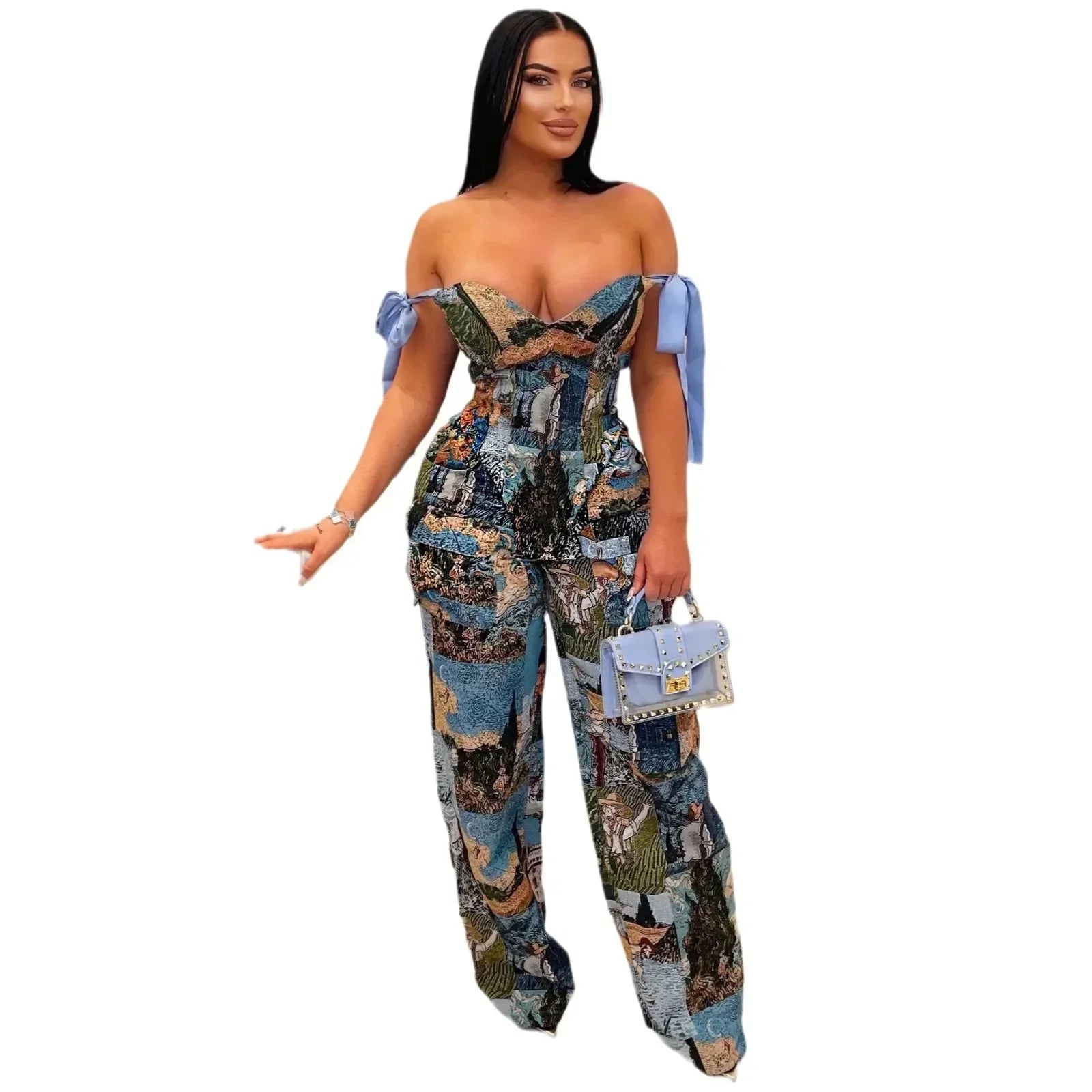 CM.YAYA Oil Painting Printed Women's Set Lace Up Back Crop Top and Pants Suit 2024 Fall Winter Two 2 Piece Sets Outfit Tracksuit Oil color