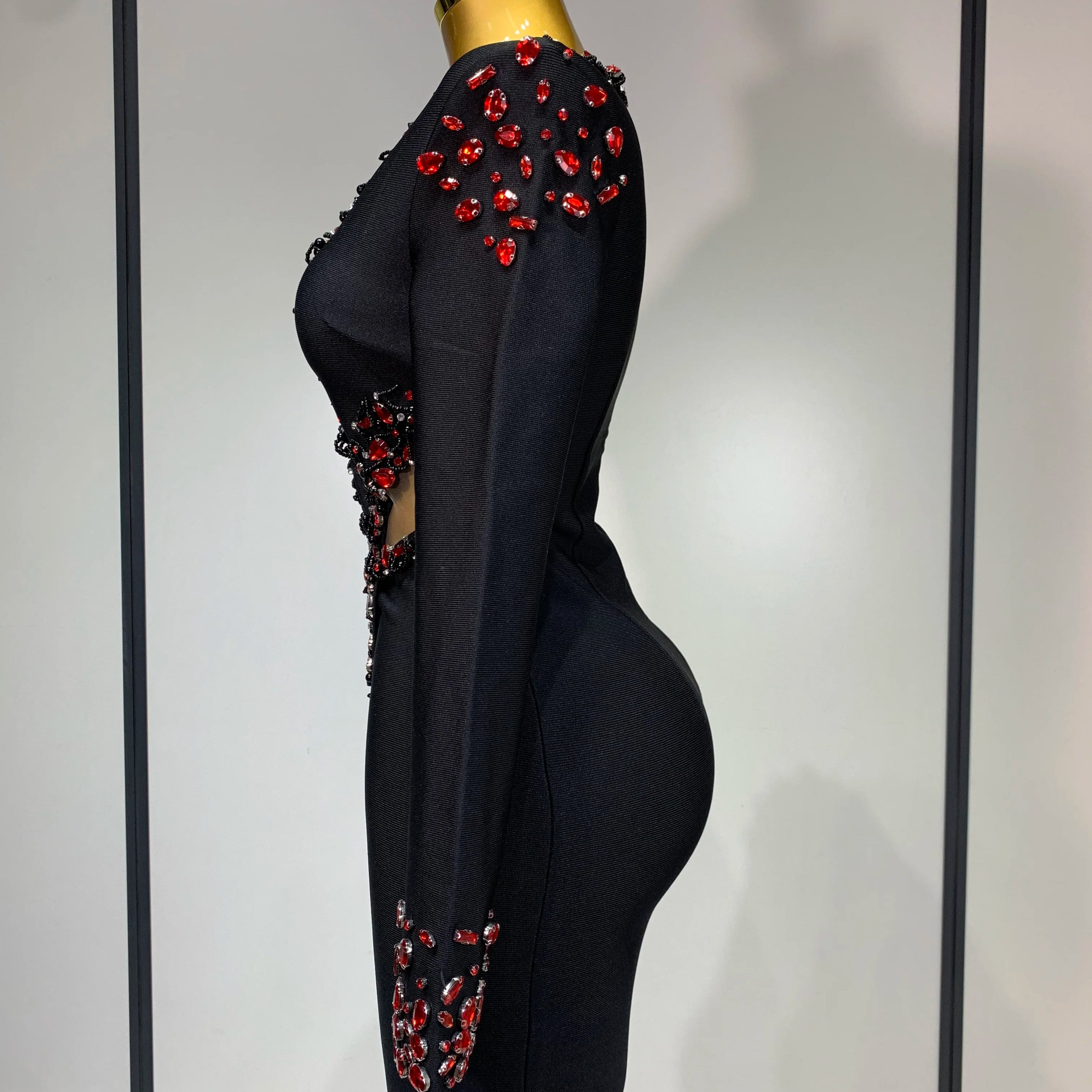 Luxury Birthday Women Celebrity Sexy Long Sleeve V Neck Rhinestone Black Bandage Dress 2025 Elegant Evening Club Party Dresses