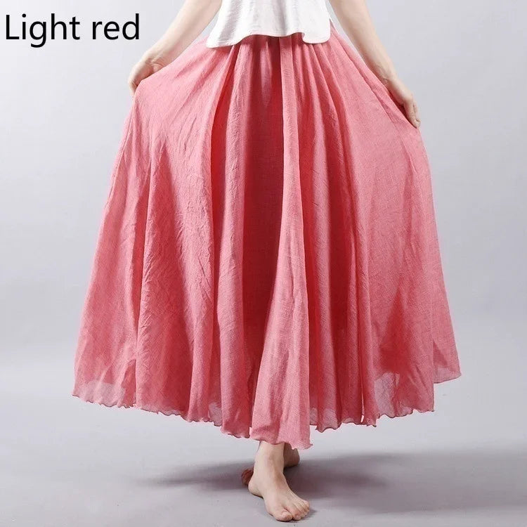 14 Colors Linen Maxi Skirt Pleated Vintage Boho Maxi Long Casual Cotton Beach Skirt Empire A-Line Linen Skirt Ladies Clothing light red One Size
