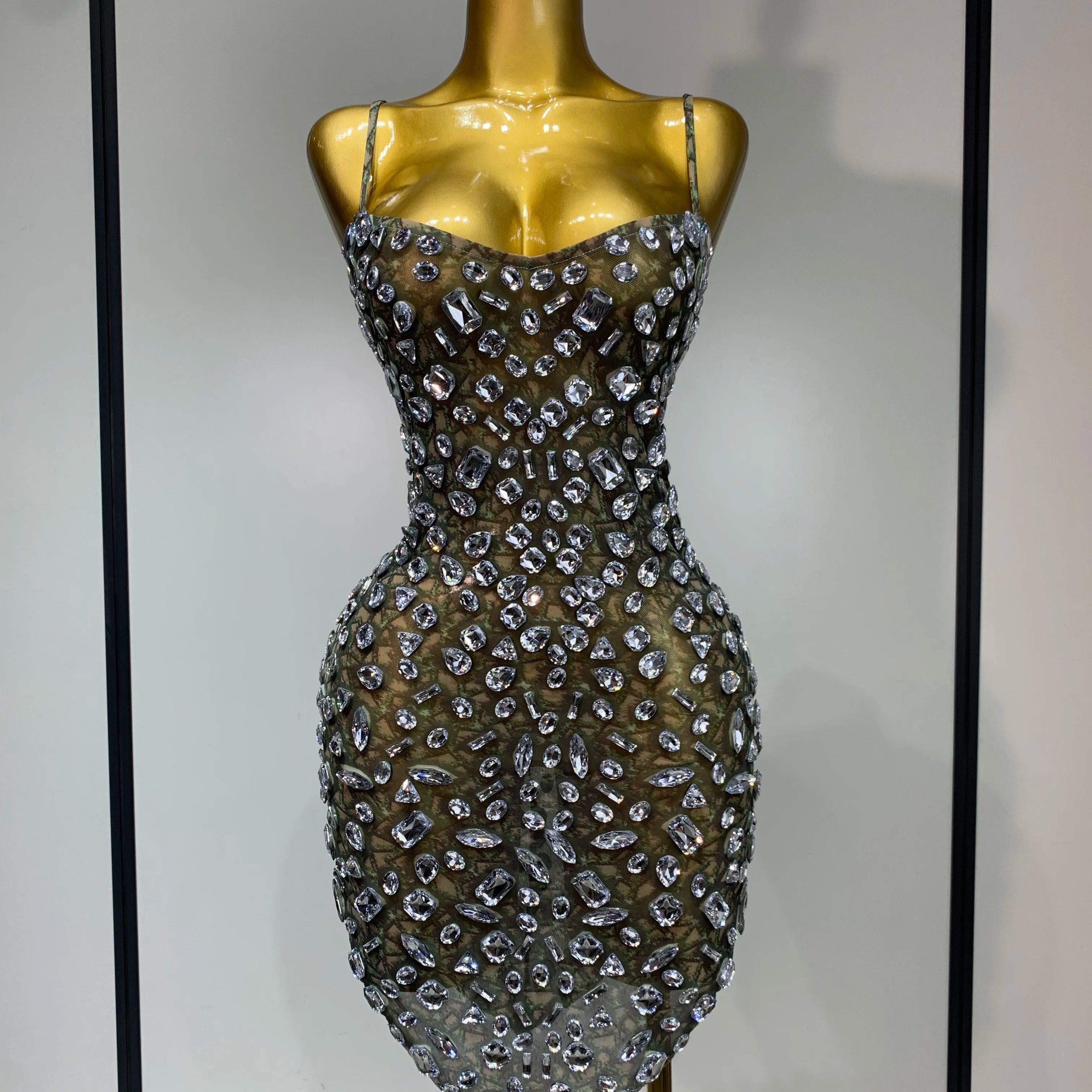 Luxury Diamond Mesh See Through Stretch Bodycon Dress Women Sexy Sleeveless Evening Party Birthday Celebrate Perform Costume