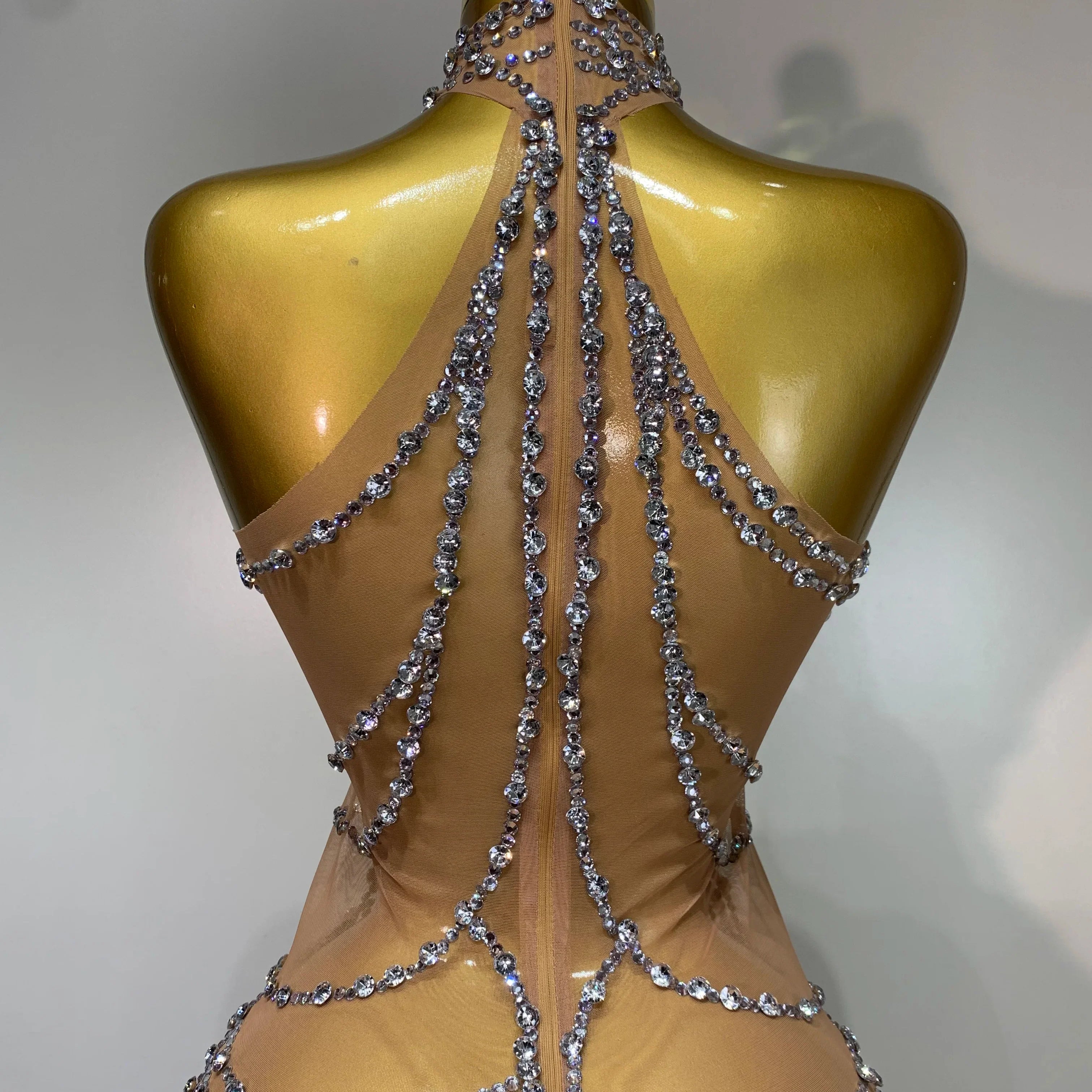 Luxury Rhinestone Sparkly Sexy Transparent Mesh Long Dress  Women Birthday Party Gown Stage Singer Performance Costume