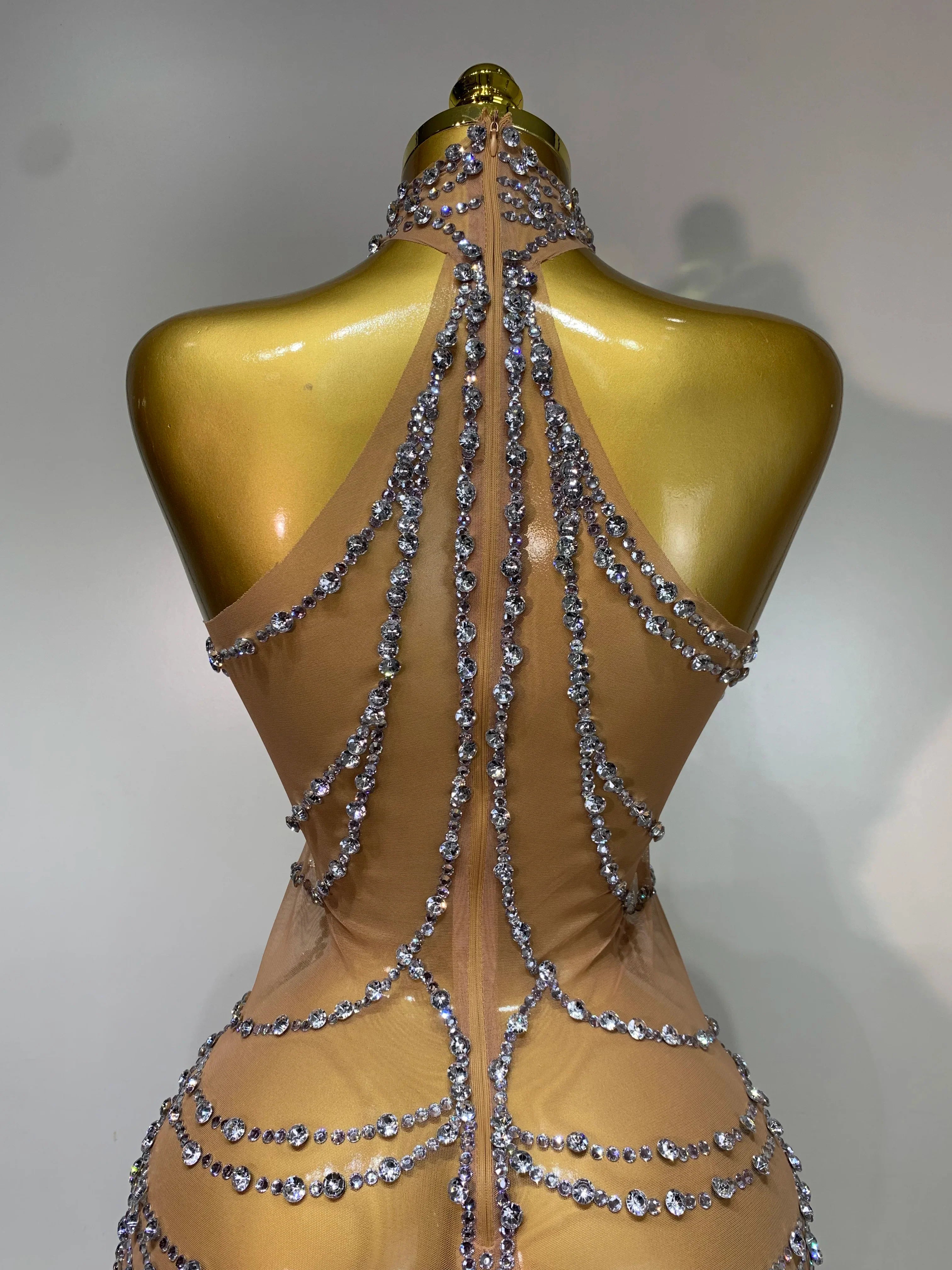 Luxury Rhinestone Sparkly Sexy Transparent Mesh Long Dress  Women Birthday Party Gown Stage Singer Performance Costume