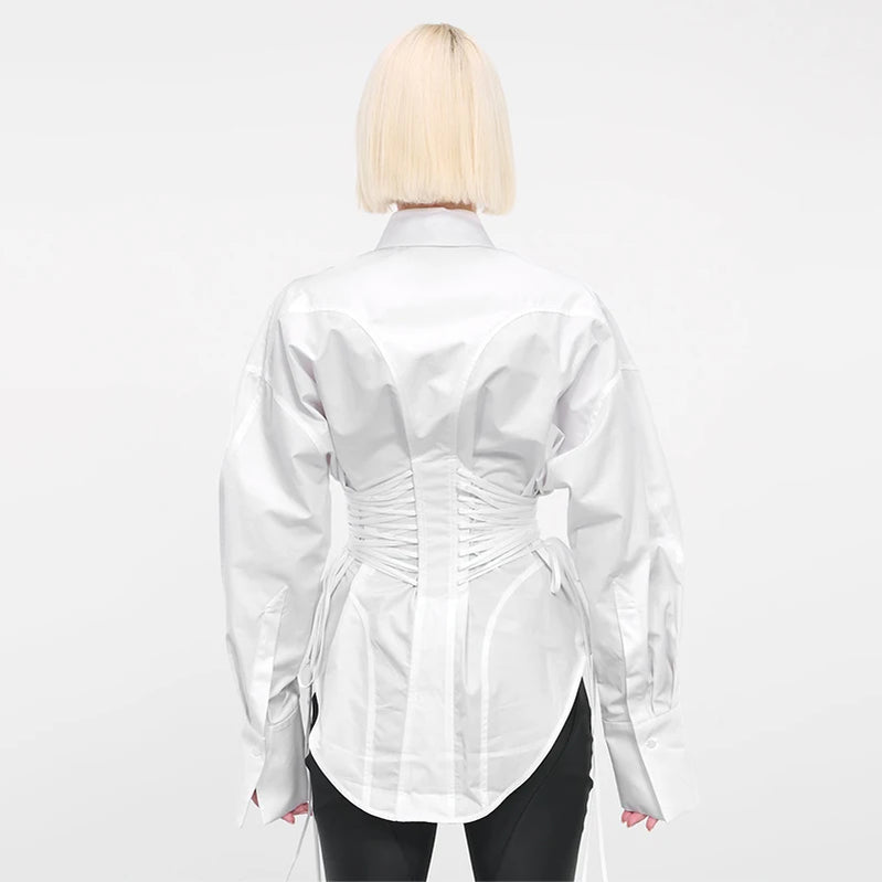 TWOTWINSTYLE Solid Spliced Lace Up T Shirts for Women Lapel Long Sleeve Patchwork Single Breasted Fashion Top Female Clothing