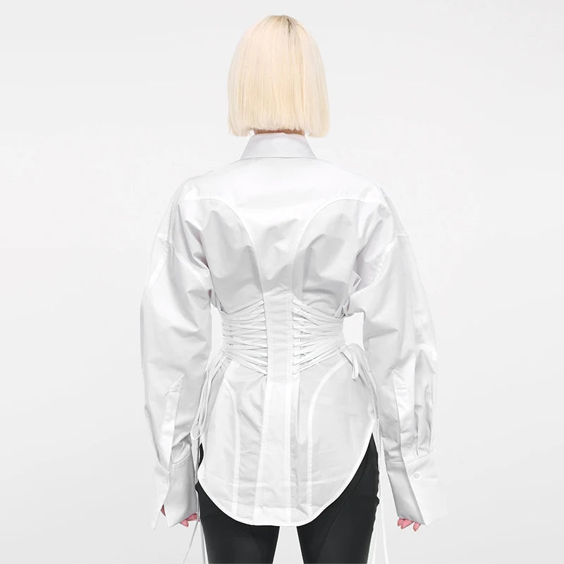 TWOTWINSTYLE Solid Spliced Lace Up T Shirts for Women Lapel Long Sleeve Patchwork Single Breasted Fashion Top Female Clothing