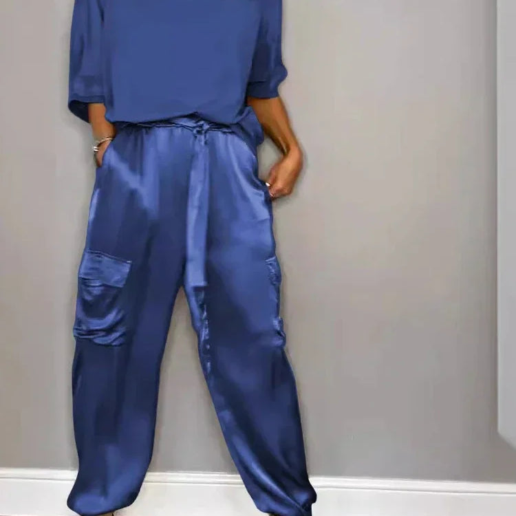 Summer Fashion New Elegant Women's Plus Size Set Street View Smooth Satin Half Sleeve Shirt Casual Pants Sports Two Piece Set