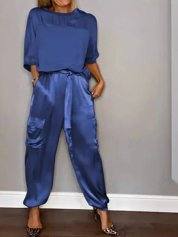 Summer Fashion New Elegant Women's Plus Size Set Street View Smooth Satin Half Sleeve Shirt Casual Pants Sports Two Piece Set