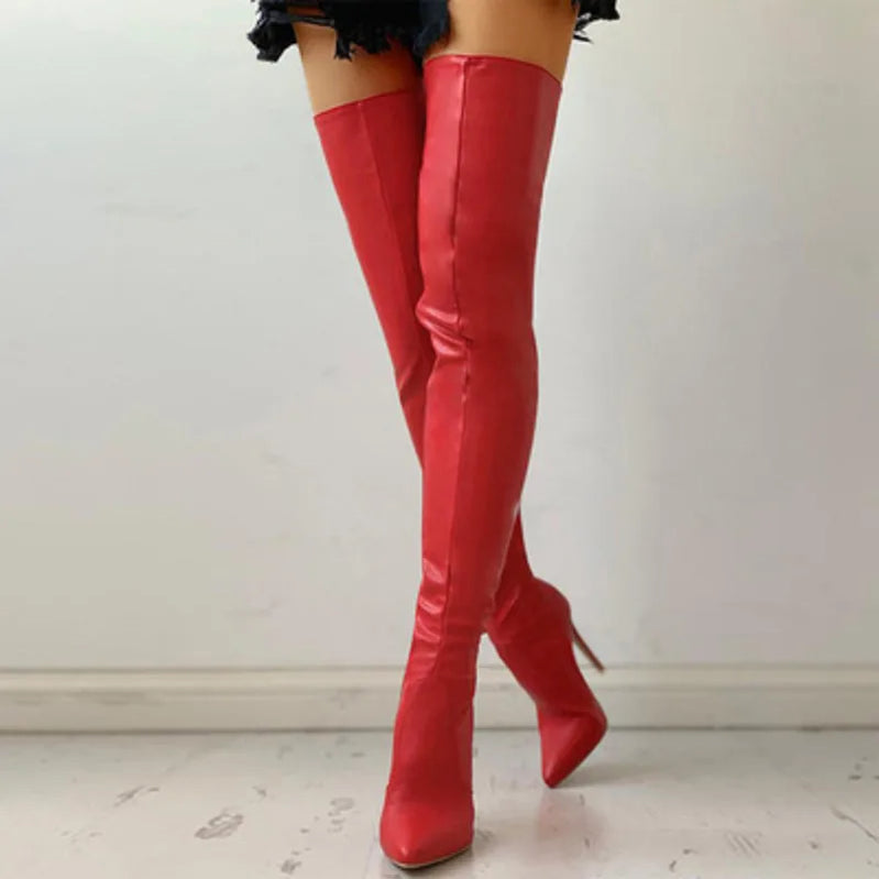 High Heels Red Women Over The Knee Boots With Back Zip Pointed Toe Big Size 46 Stiletto Thigh High Boots Lady Shoes Red