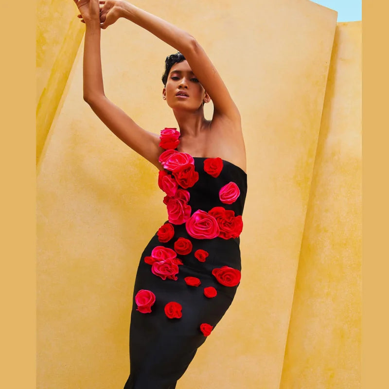 High Quality Red Flowers Strapless Black Bandage Ankle Length Dress Elegant Woman Evening Party Dress Cocktail Party Vestido