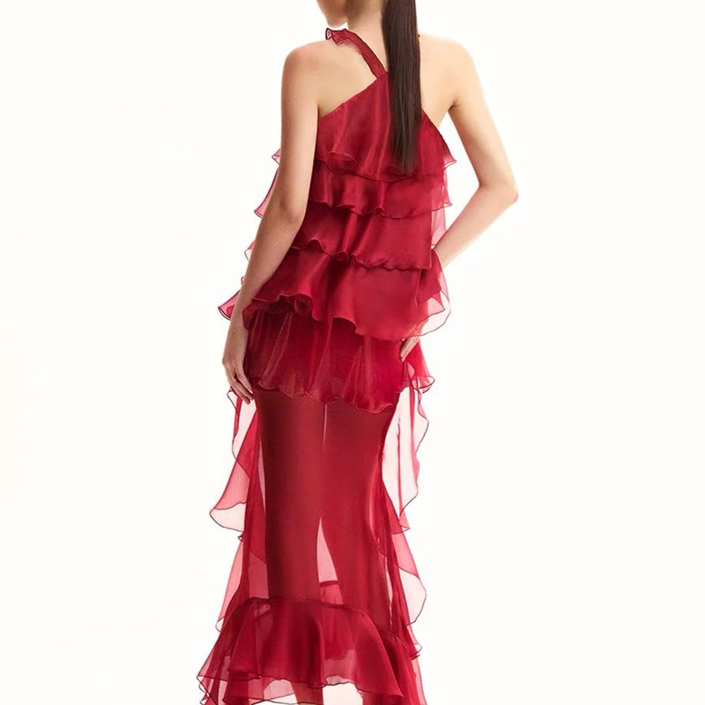 Women Gauze Perspective Irregular Elegant Long Party Dress New Ruffles Sleeveless Fashion Tide Summer 2025