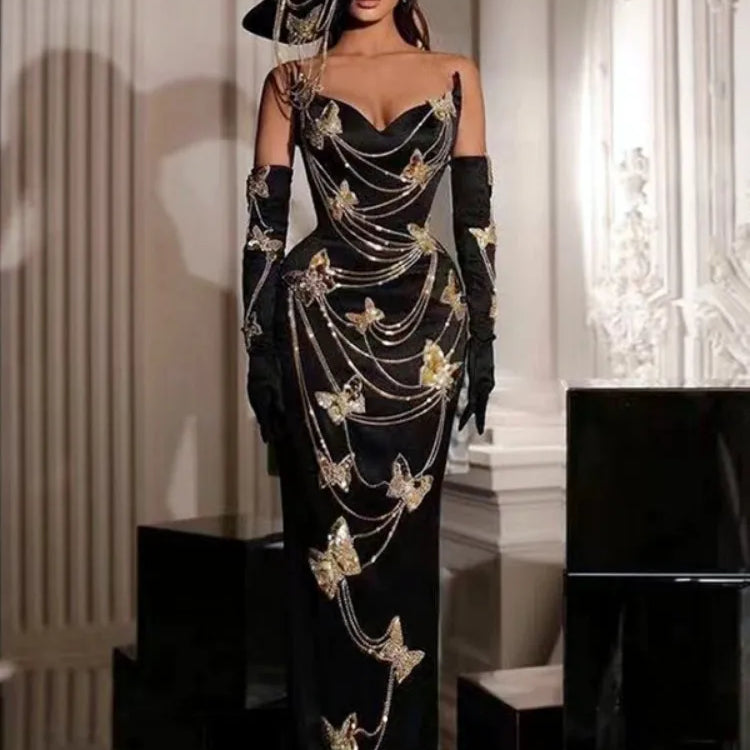 Fashionable Gloves Gold Shining Diamond Butterfly Strapless Black Long Dress Celebrity Luxury Evening Dress Performance costume
