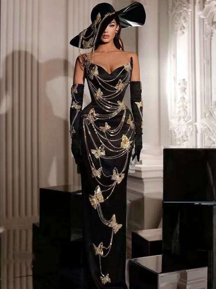 Fashionable Gloves Gold Shining Diamond Butterfly Strapless Black Long Dress Celebrity Luxury Evening Dress Performance costume