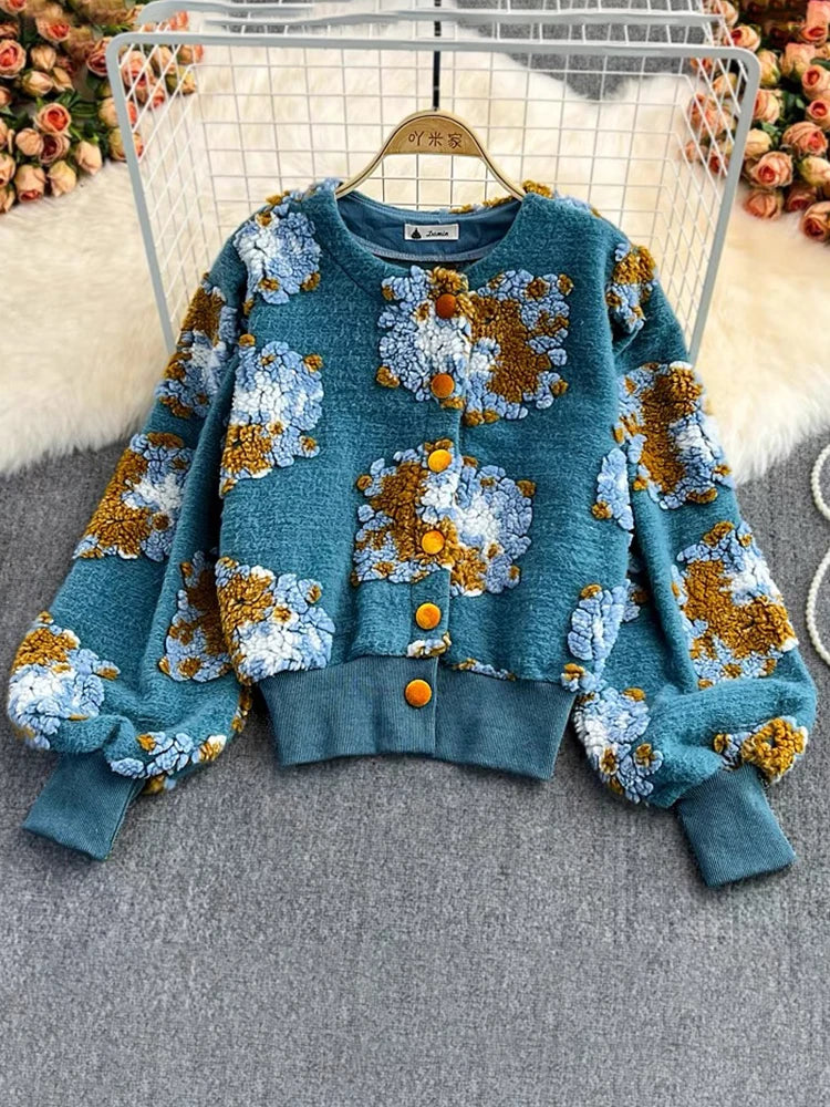 Sweet Long Sleeve Single Breasted Short Jacket Retro Three-dimensional Flower O Neck Clothing Winter 6 Color Coat