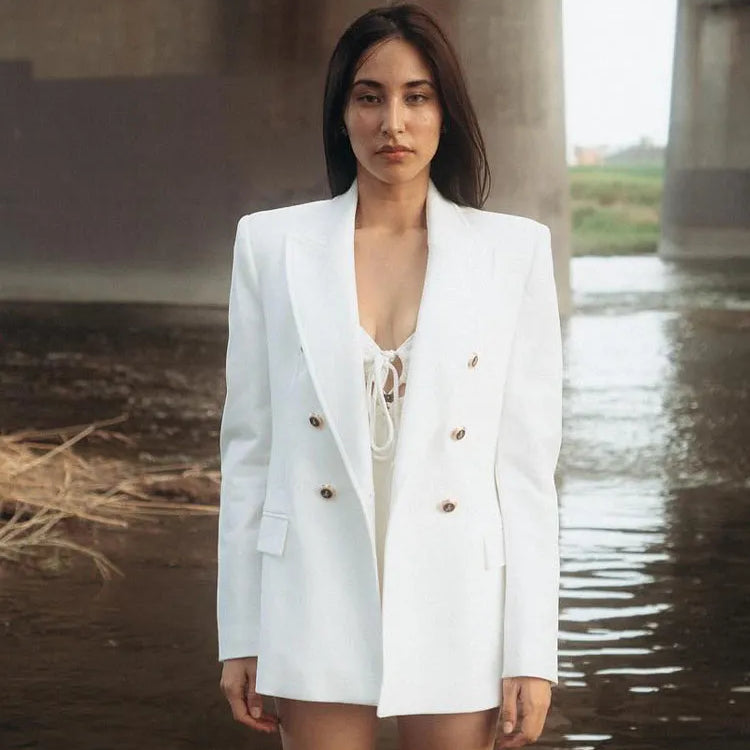 Women's Fashion Long Sleeve Lapel False Pocket Trim Blazer Women's Elegant Double Breasted Solid Color Suit Autumn