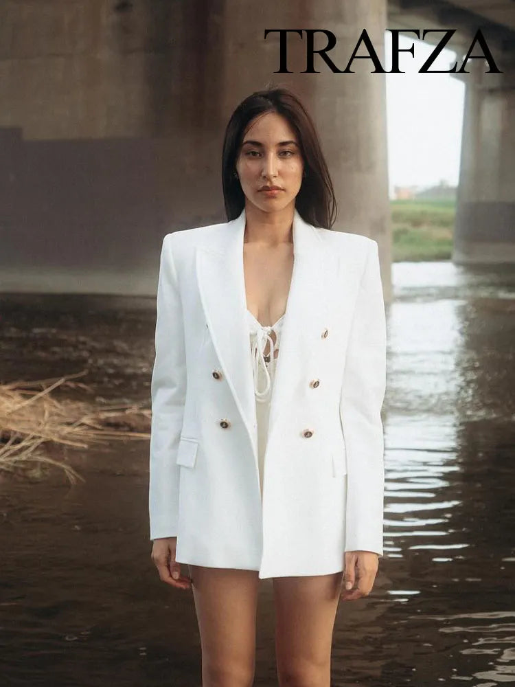 Women's Fashion Long Sleeve Lapel False Pocket Trim Blazer Women's Elegant Double Breasted Solid Color Suit Autumn