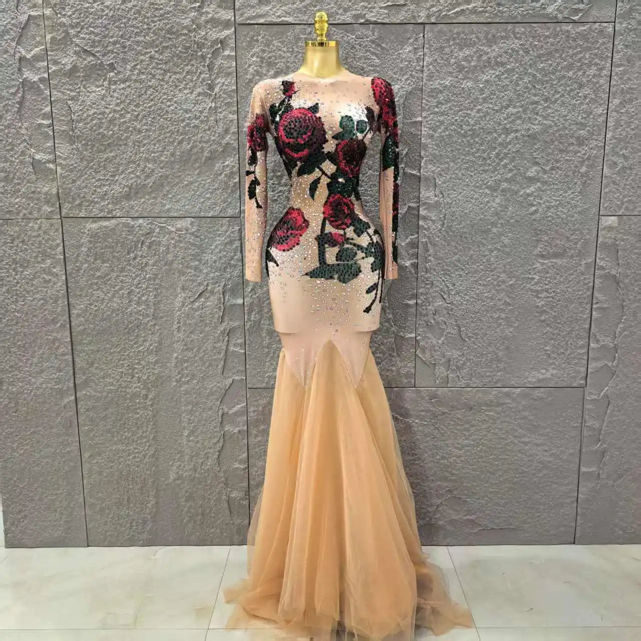 Women Long Sleeve High Stretch Shinning Rhinestones Bodycon Long Maxi Dress Celebrate Evenign Party Bar Singer Stage Wear