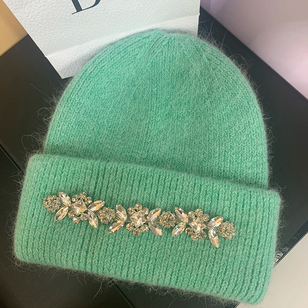 Real Rabbit Fur Knitted Hats for Women Winter Warm Beanie Luxury Rhinestones Bonnet Lady Outdoor Skiing Skullies Beanies Caps fruit green