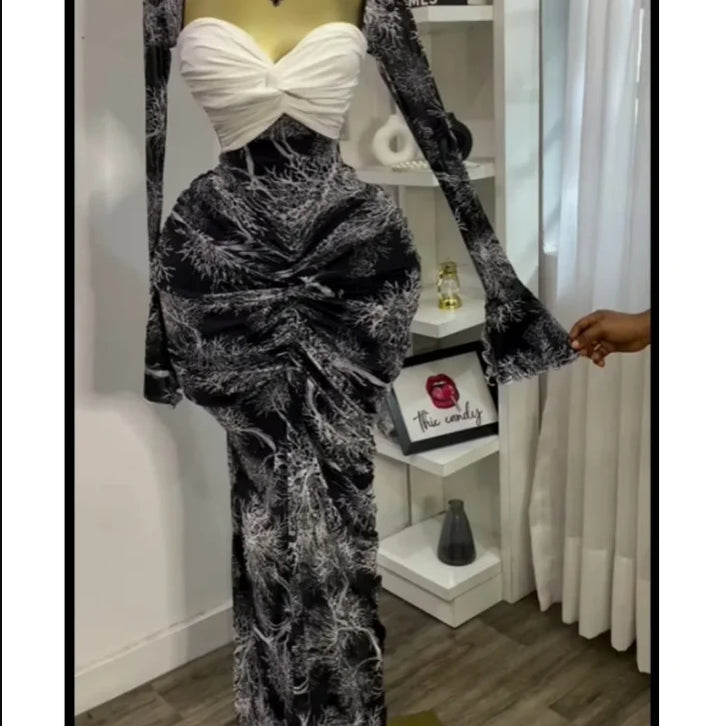 CM.YAYA Women Leaf Printed Stacked Ruched Draped V-neck Maxi Long Bodycon Dress 2025 Holiday Birthday Club Party Evening Dresses