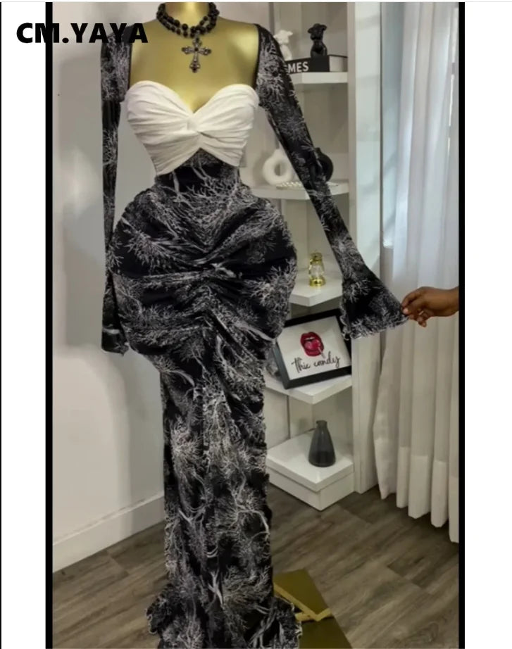 CM.YAYA Women Leaf Printed Stacked Ruched Draped V-neck Maxi Long Bodycon Dress 2025 Holiday Birthday Club Party Evening Dresses