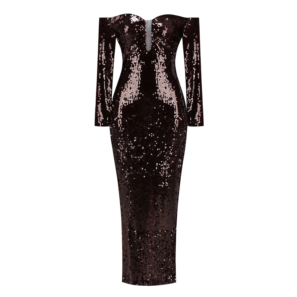 2025 New Shinning Sequins Women Long Sleeve Slash Neck Off the Shoulder Bodycon Long Dress Fashion Celebrate Cocktail Dress