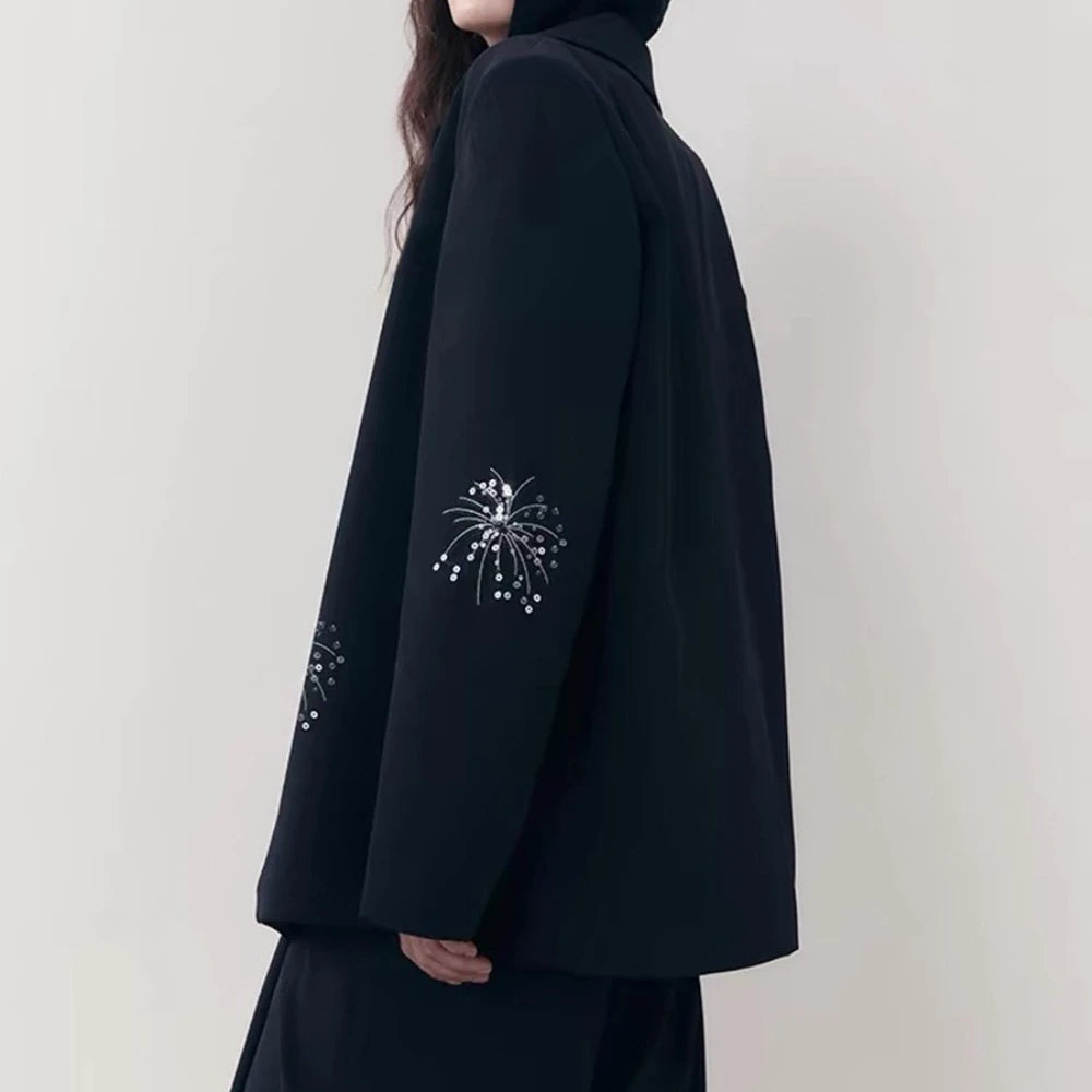 TWOTWINSTYLE Solid Spliced Sequin Elegant jackets for Women Lapel Long Sleeves Patchwork Single Breasted Casual jacket Female