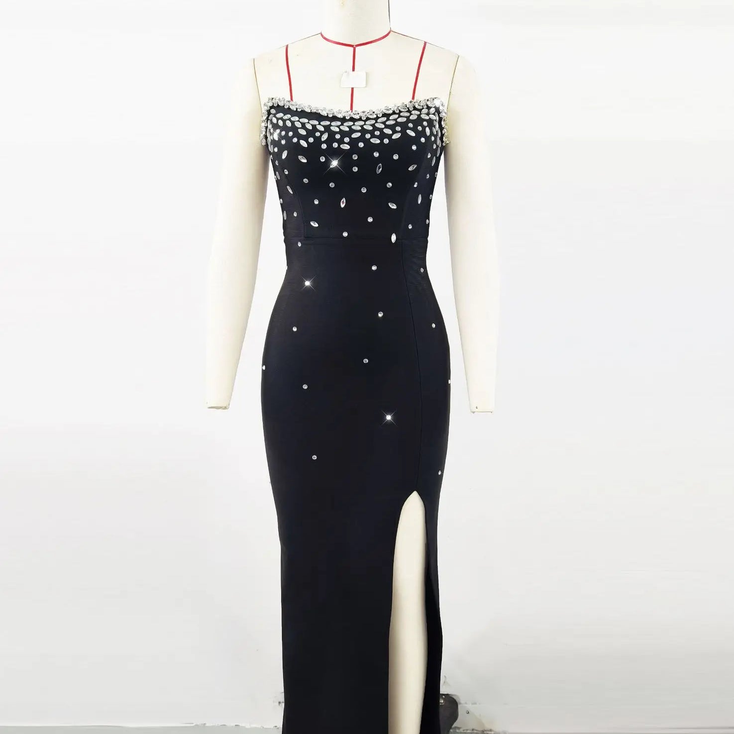 Black Color Women Sexy Shinning Crystal Bodycon Long Bandage Dress Elegant Evening Party Celebrate Birthday Photo Shoot Wear