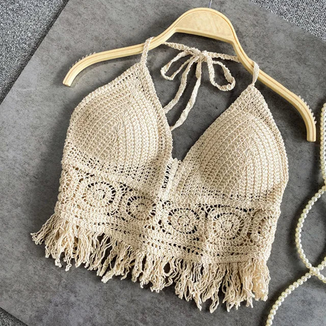 Sexy Boho Beach Holiday Camisole Halter Women Crochet Knit Swimsuit Bra Backless Vest Hollow Tassel Tank Top Women's Crop Tops Apricot-1 One Size