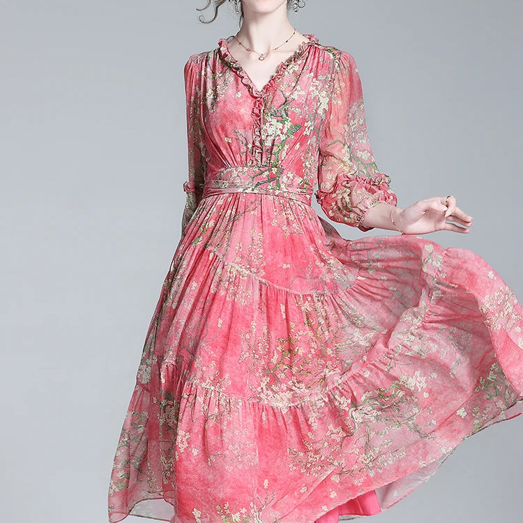 EVNISI Summer Women Boho Chiffon Dress V-Neck Red Elegant Office Floral Printing A-line Dresses Chic For Women Party Vestido