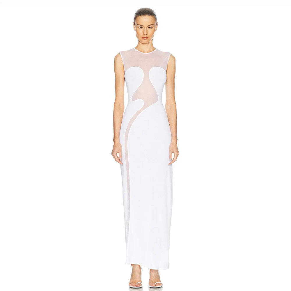 Elegant Mesh Patchwork Sleeveless Bodycon Party Club Evening Dress Sexy Bodycon Perspective Vestido 2025 Summer Clothing