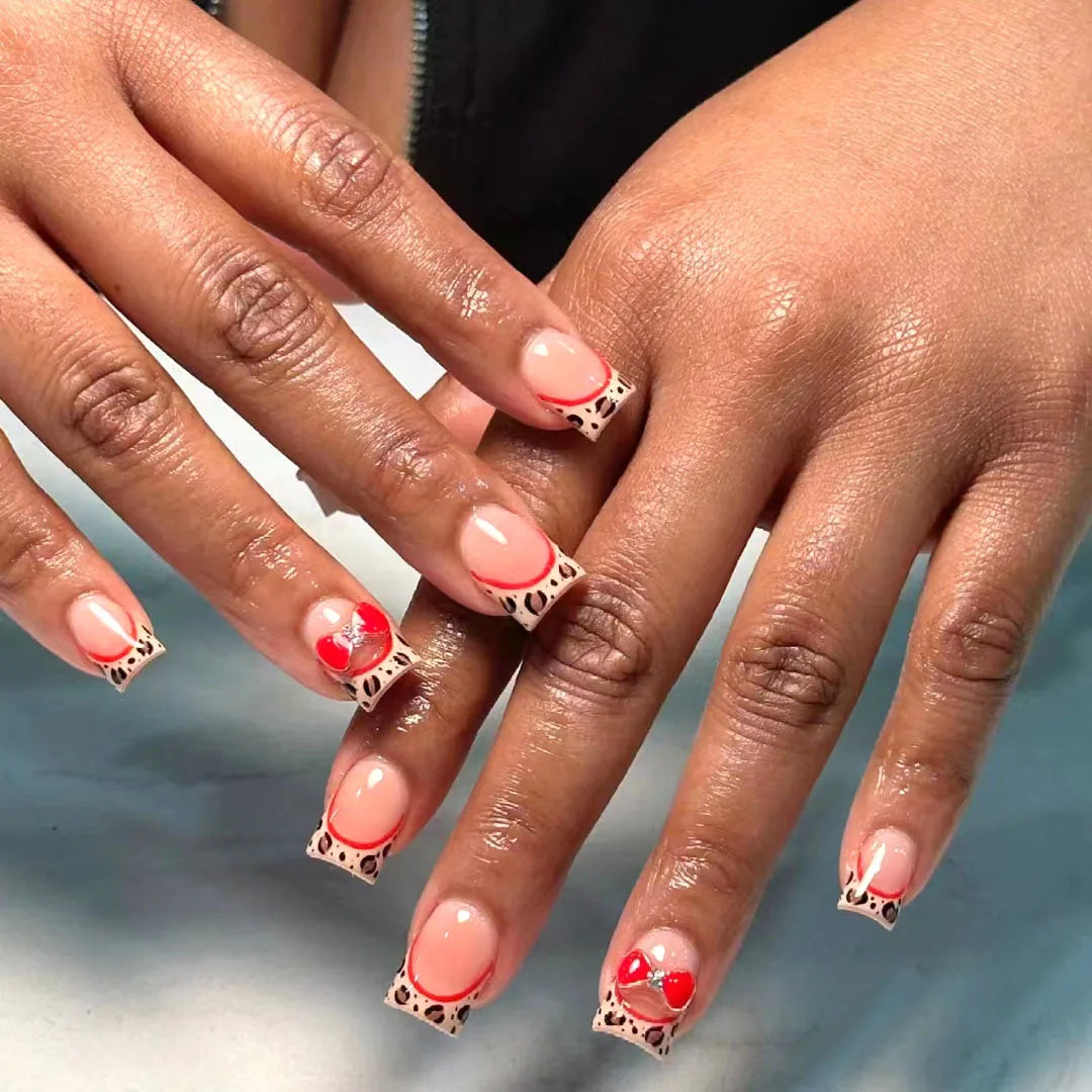 24Pcs Short Square Nails Set Press on Pink Shiny Powder French False Nails Crocodile Grain Detachable Full Cover Fake Nails Tips