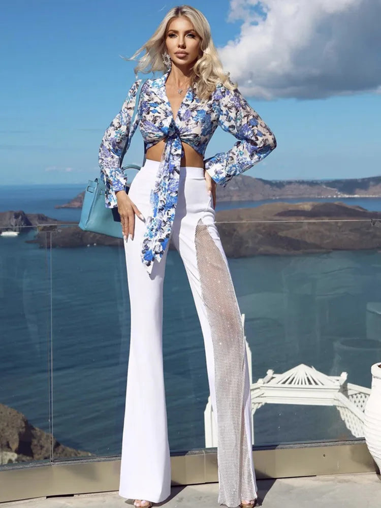 Black Red White Summer Women Rayon Bandage Sexy Wide Leg Pants Fashion Diamond Keyholes Celebrity Wear Full Length Pant