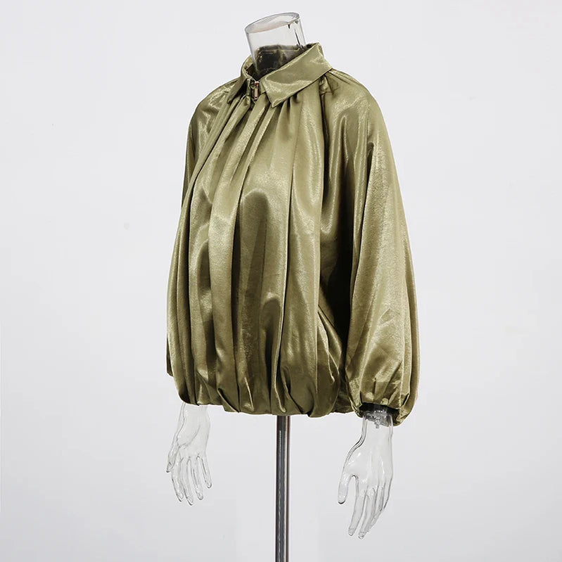 Solid Spliced Folds Casual Jackets for Women Lapel Long Sleeves Patchwork Zipper Temperament Jacket Femlae Fashion