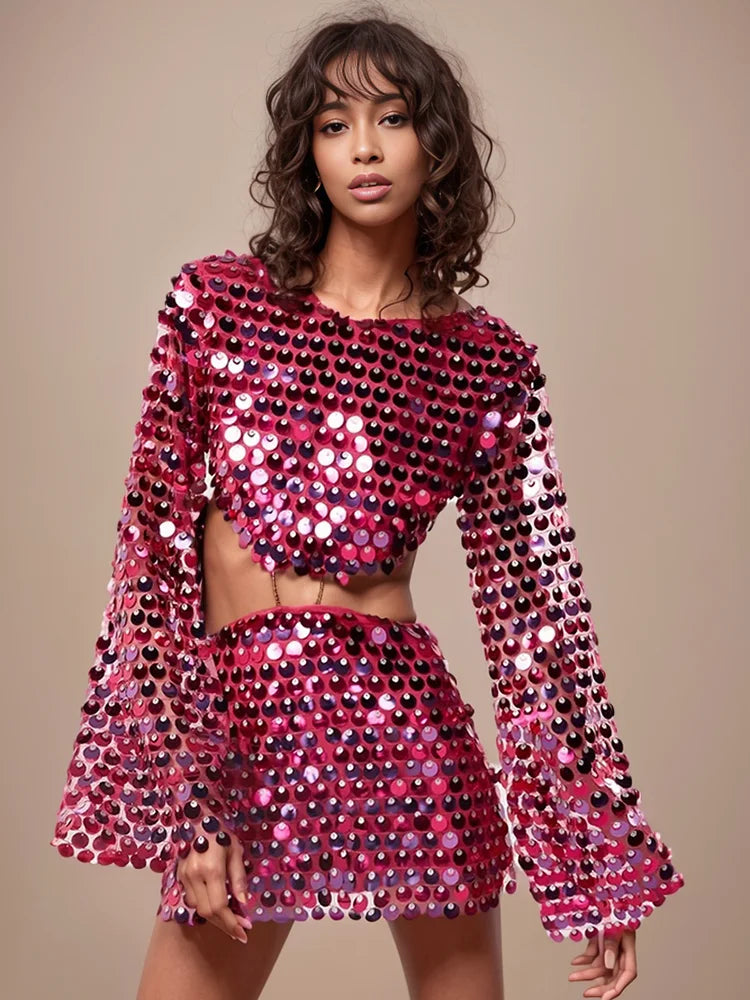 DEAT Fashion Trendy Women's Hollow Out Sequins Irregular Dress Spring New O-neck Long Sleeves Dresses Female 33A1208 Rose Pink