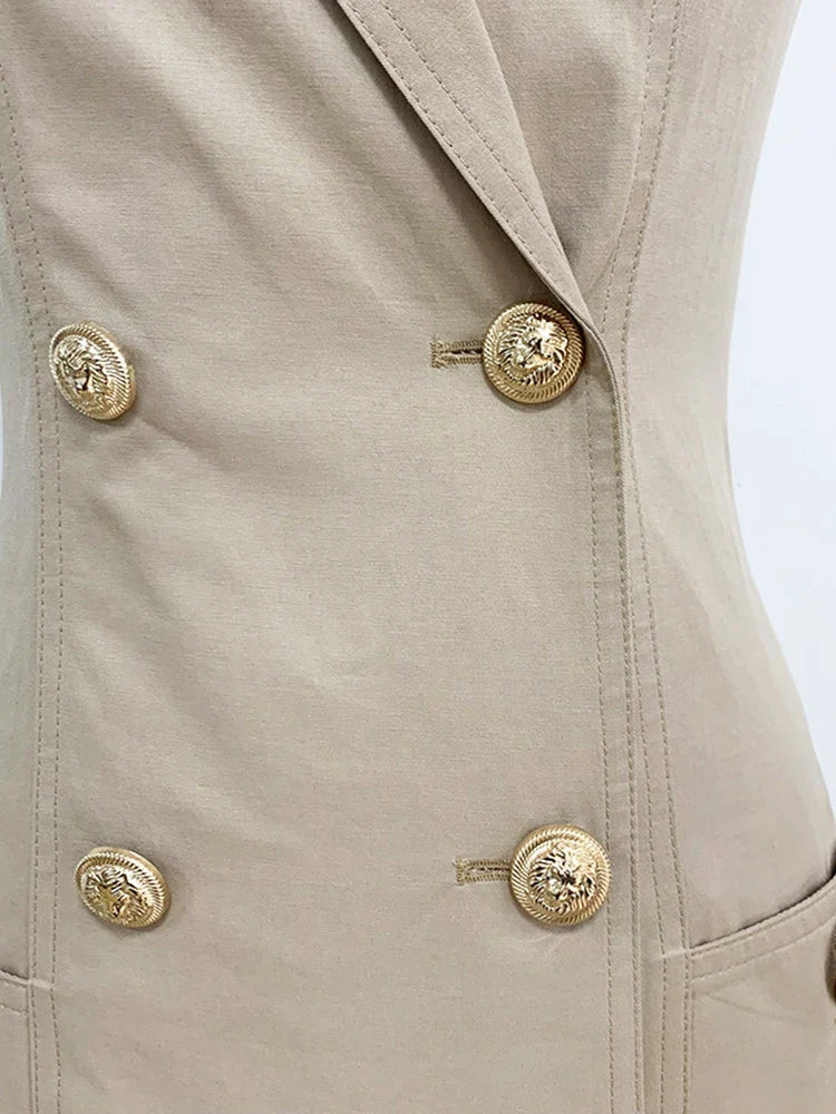 Top Quality Newest Stylish Summer Designer Women's Sleeveless Notched Collar Double Breasted Lion Buttons Mini Cotton Dres