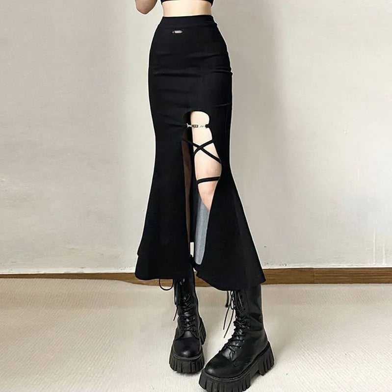 High Waist Women Mermaid Skirts American Style Designed Bandage Split Midi Skirt Y2K Fashion Streetwear Female Skirts Spring
