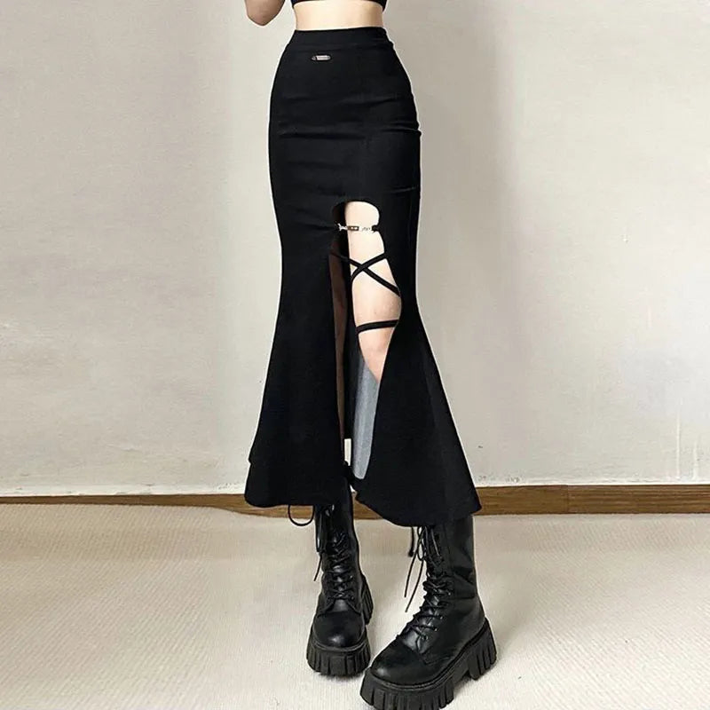High Waist Women Mermaid Skirts American Style Designed Bandage Split Midi Skirt Y2K Fashion Streetwear Female Skirts Spring